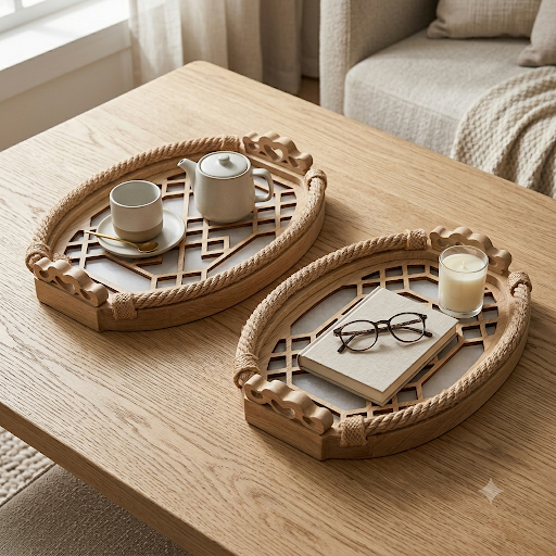 Boho Wooden Serving Trays - Set of 2 pcs