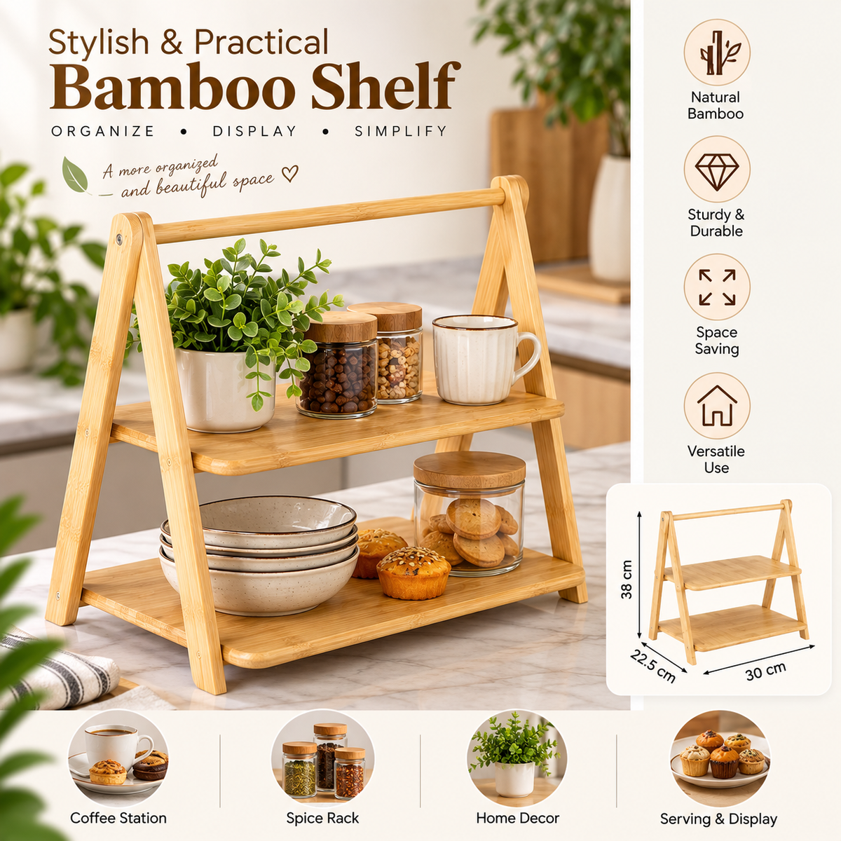 Bamboo 2-Tier Folding Shelf Organizer