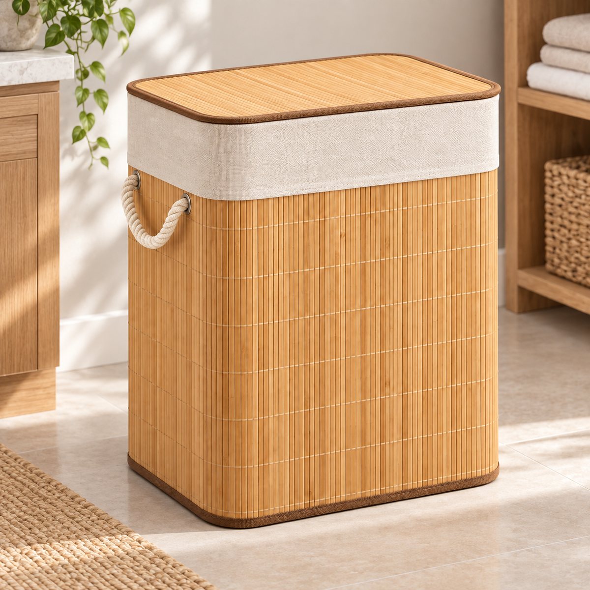 Rectangular Foldable Bamboo Laundry Basket with Lid