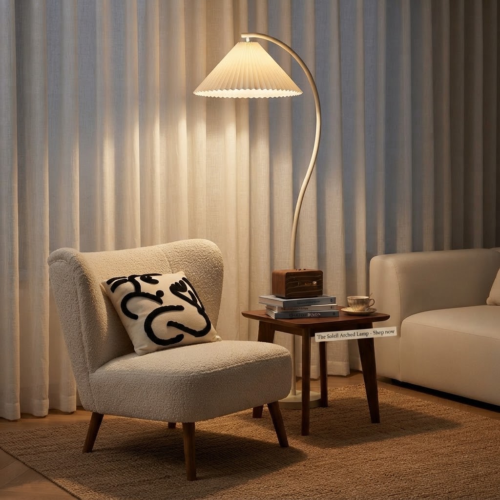 Modern Curved Floor Lamp with Fabric Shade