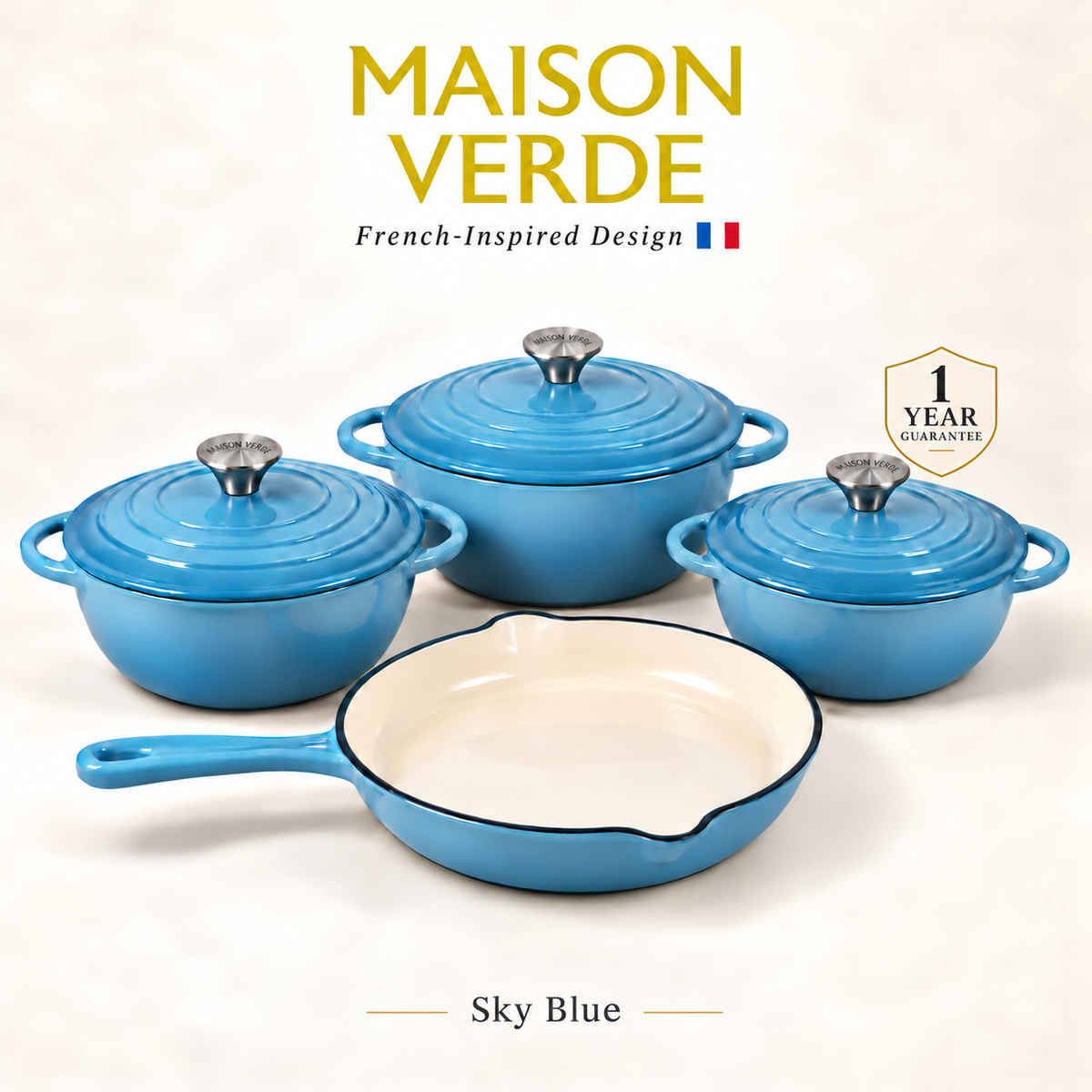 Maison Verde Enamelled Cast Iron Cookware Set – Sky Blue