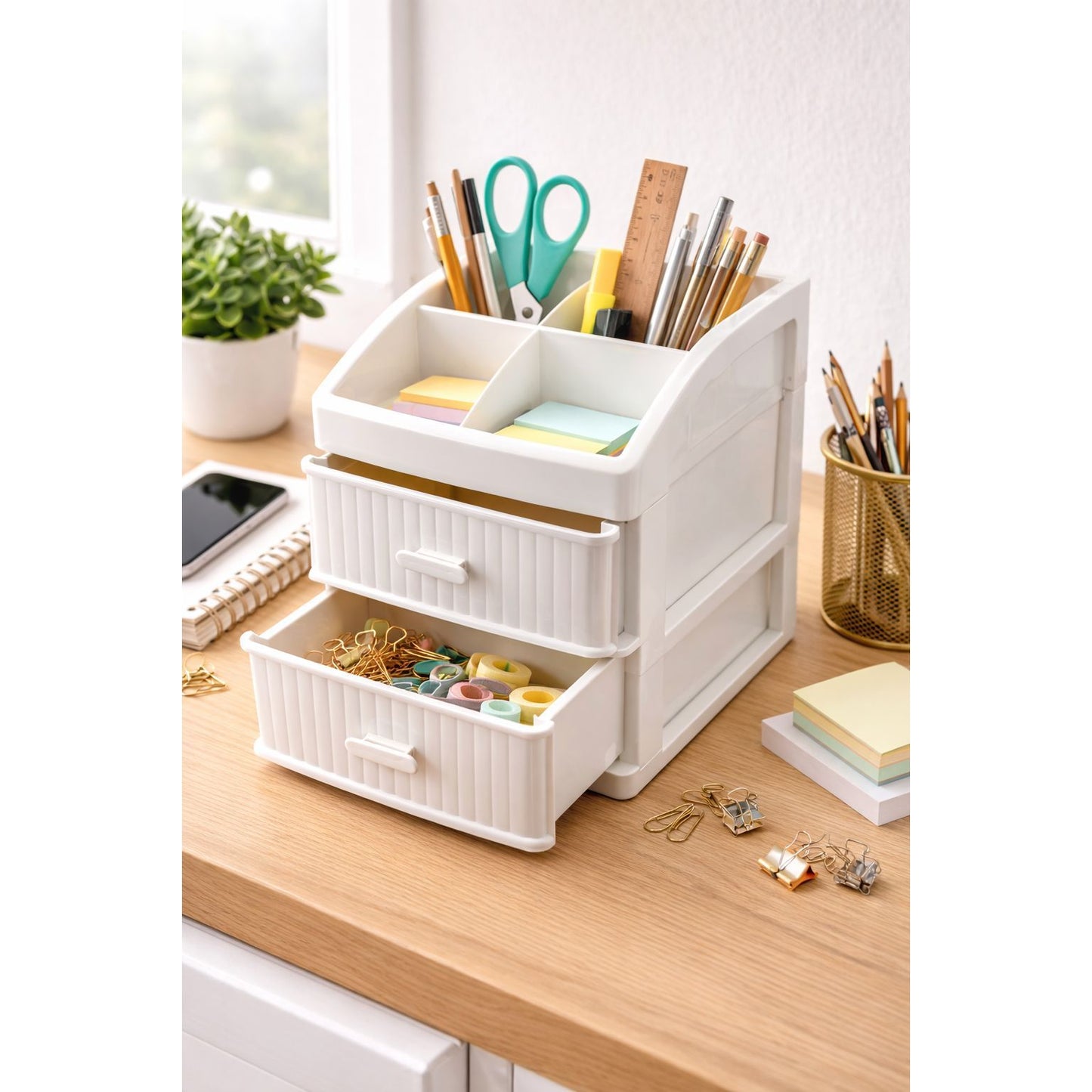 Multi-Compartment Desk Organizer with 2 Drawers - White