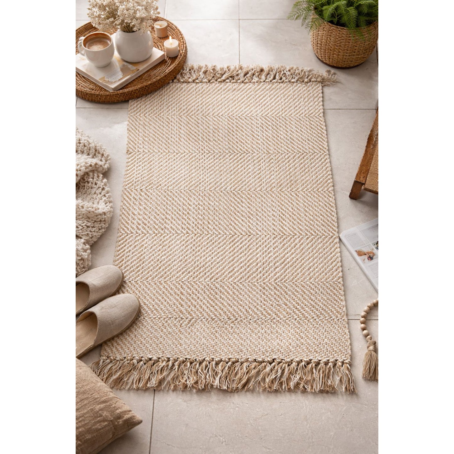 Boho Cotton Rug with Tassels - Natural Beige