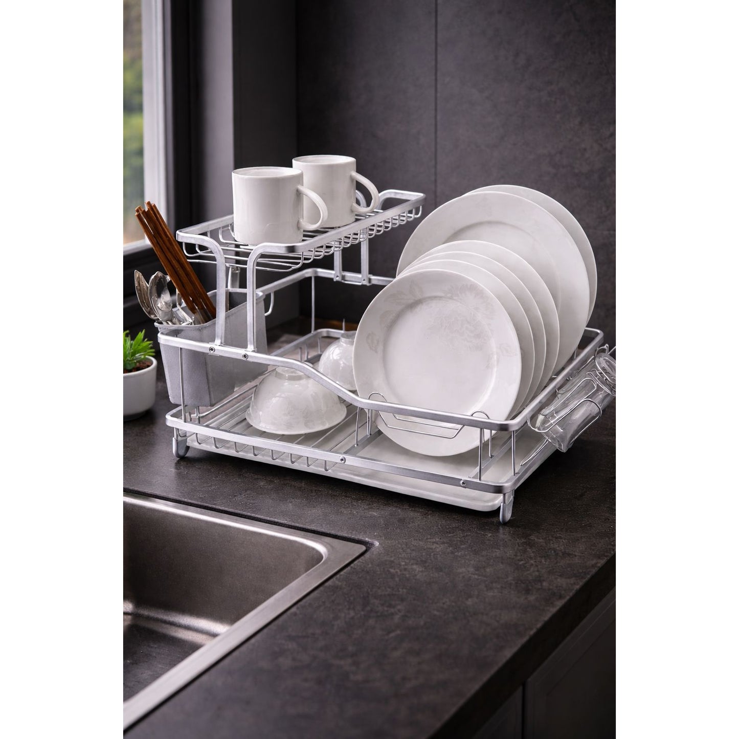 2-Tier Dish Drying Rack with Utensil Holder