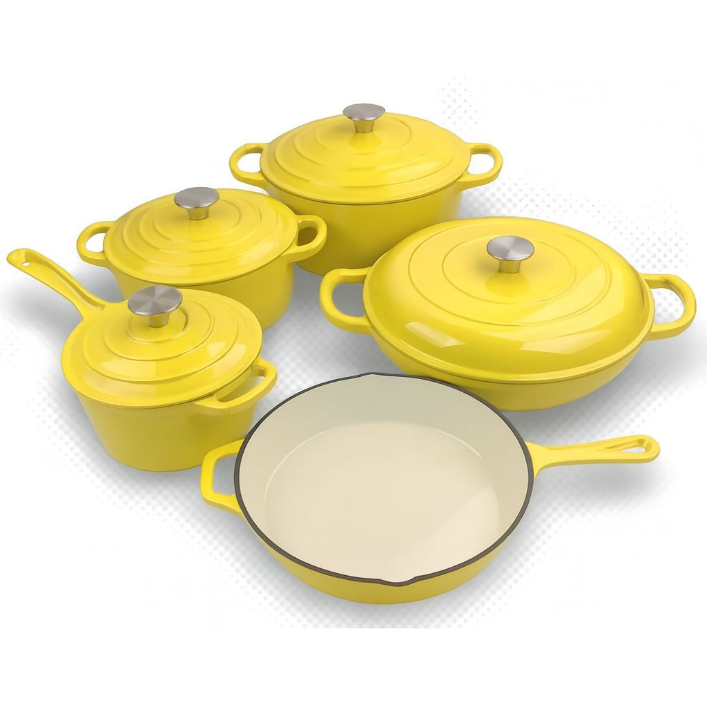 Dutch Oven Cast Iron Cookware Set Glossy Yellow - 9 PCS