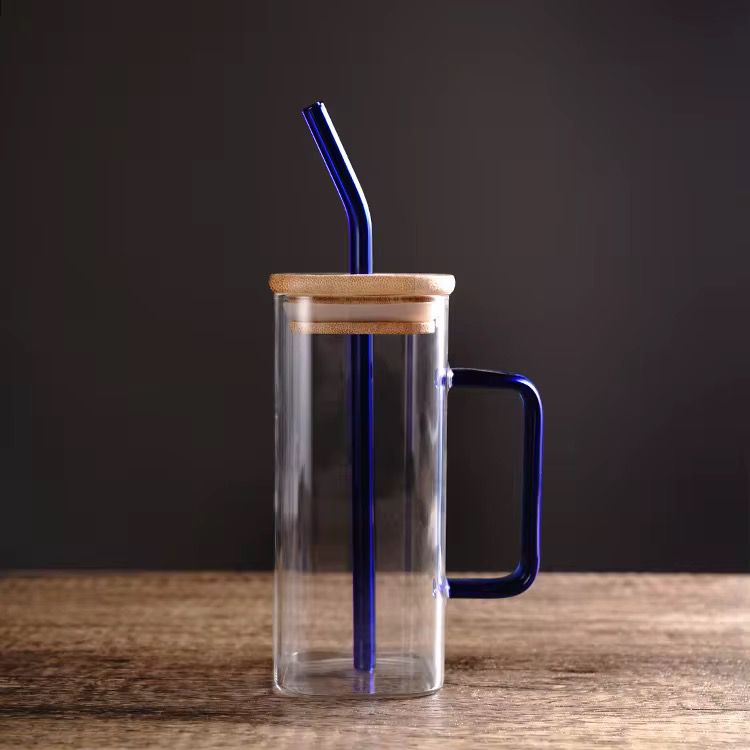 Glass Mug with Wooden Lid and Straw 400ml - Blue