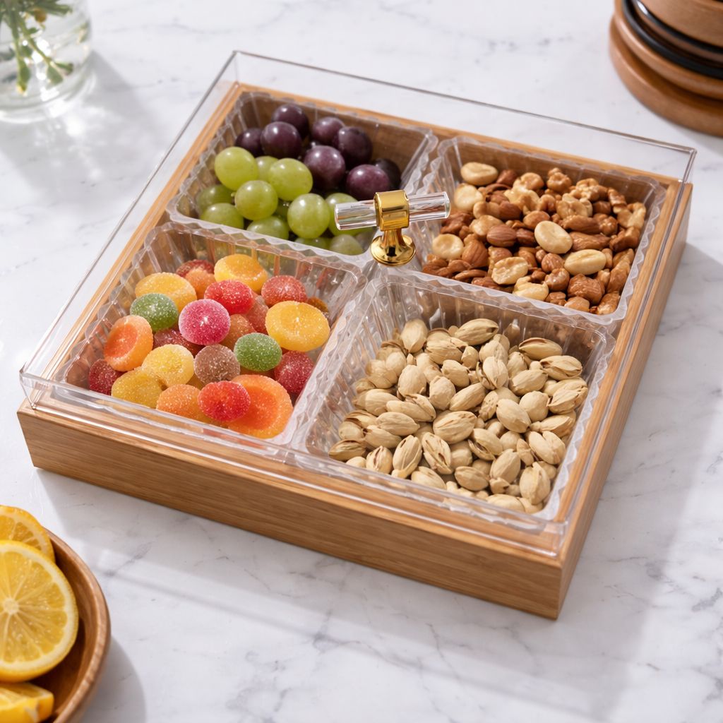 4-Compartment Acrylic Snack & Dry Fruit Serving Tray with Lid