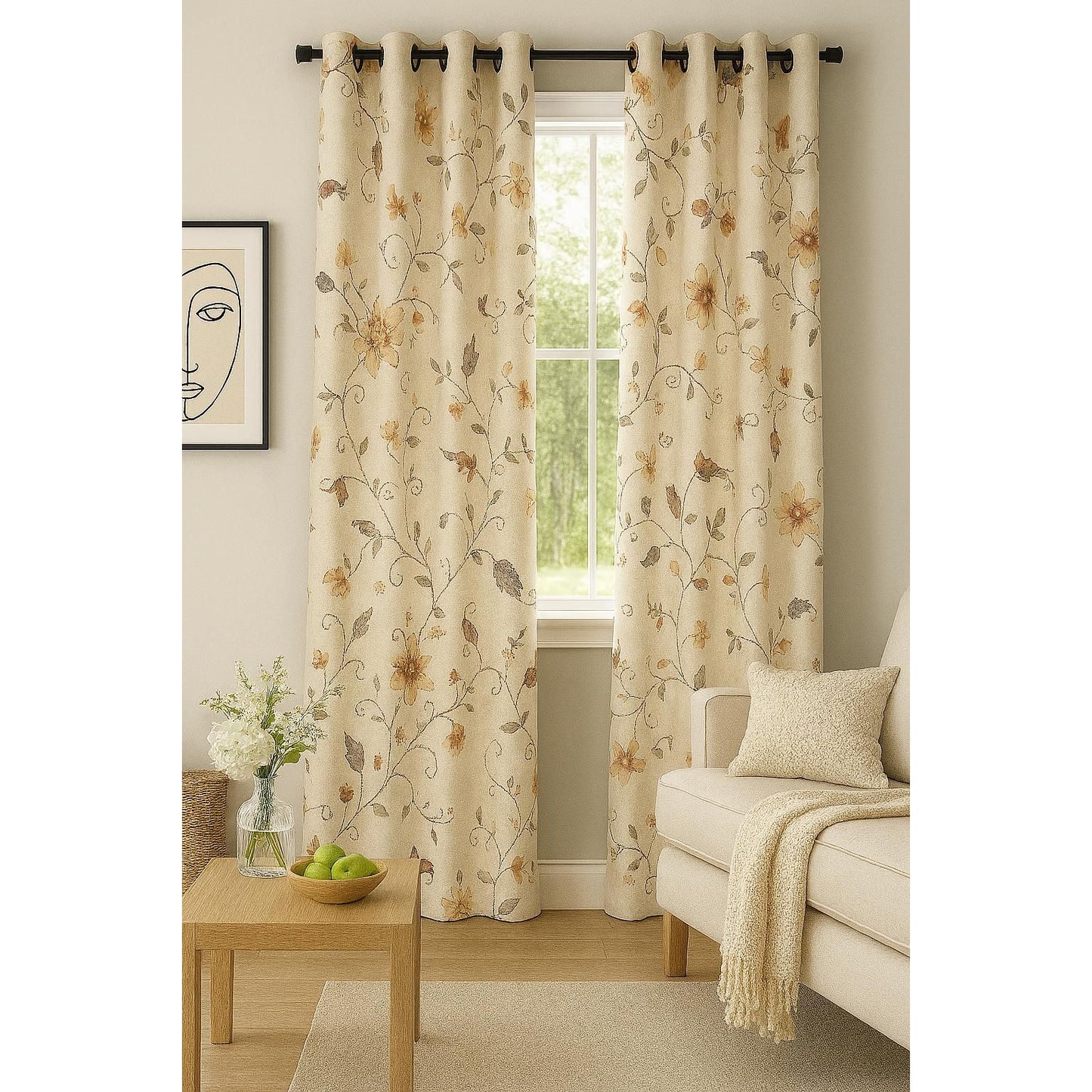 Beige Curtain with Flower Design - 140x265cm