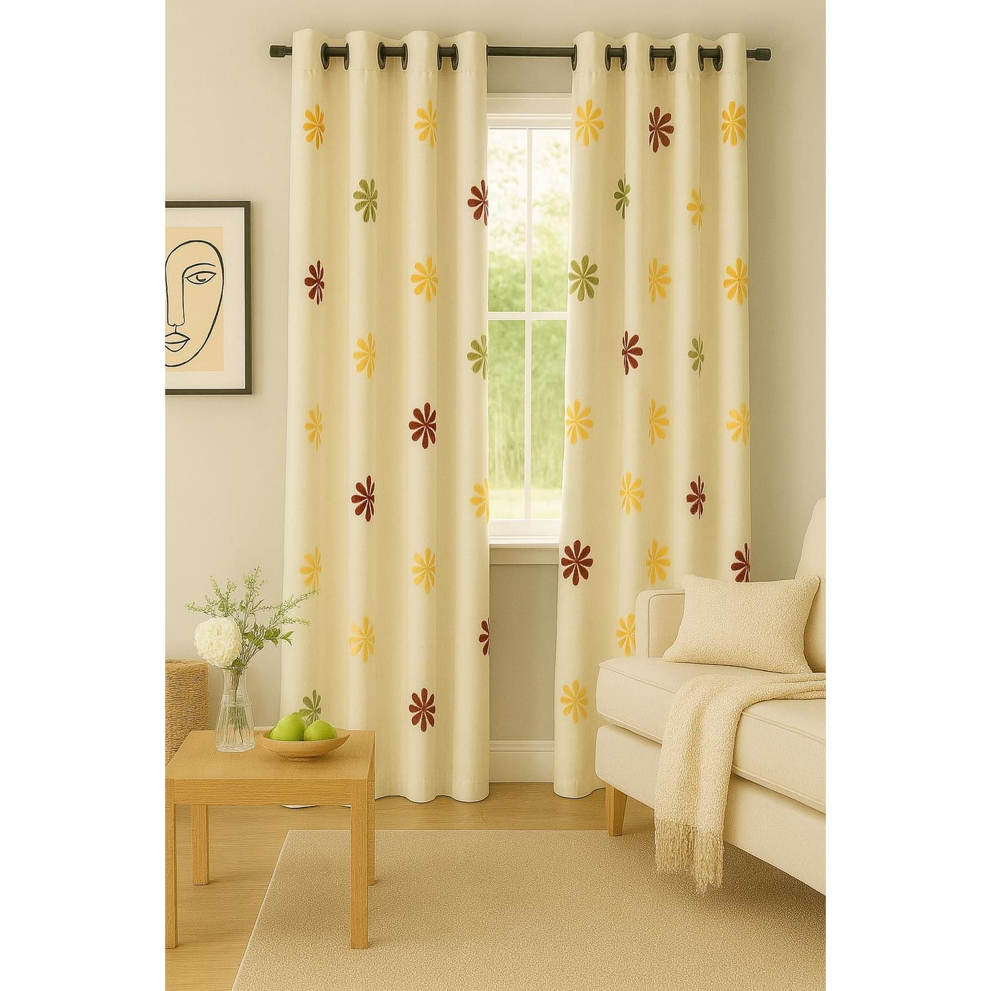Beige Curtain with Circular Flowers -140cmx265cm