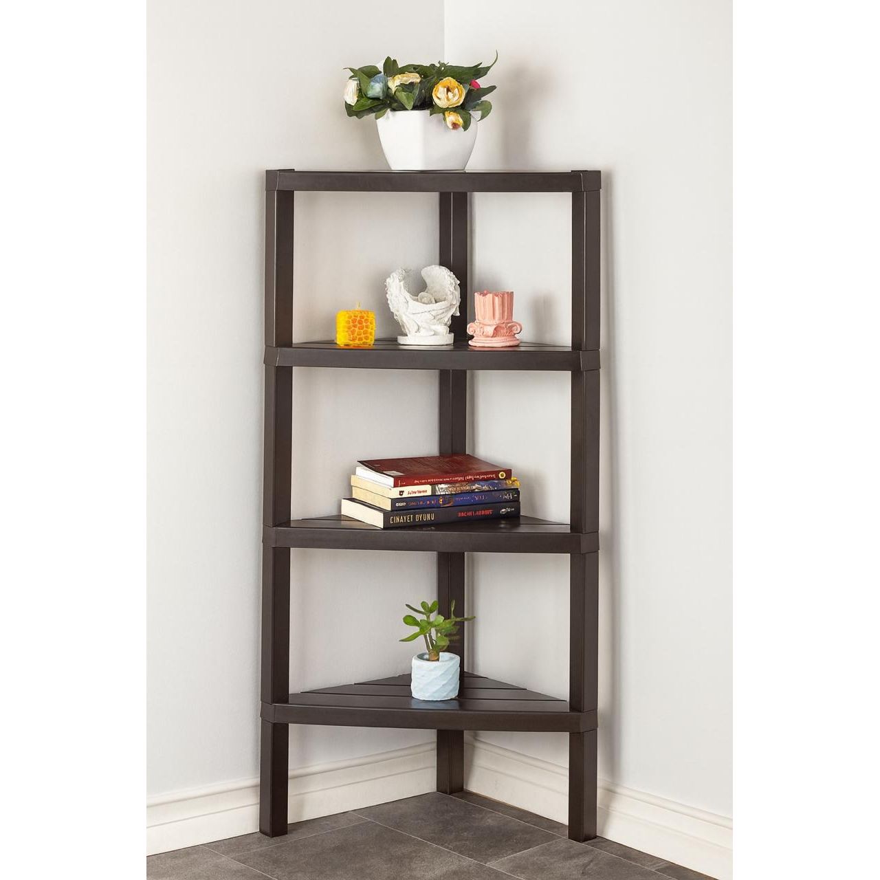 4-Tier Plastic Corner Storage Shelf - Modern Space-Saving Organizer