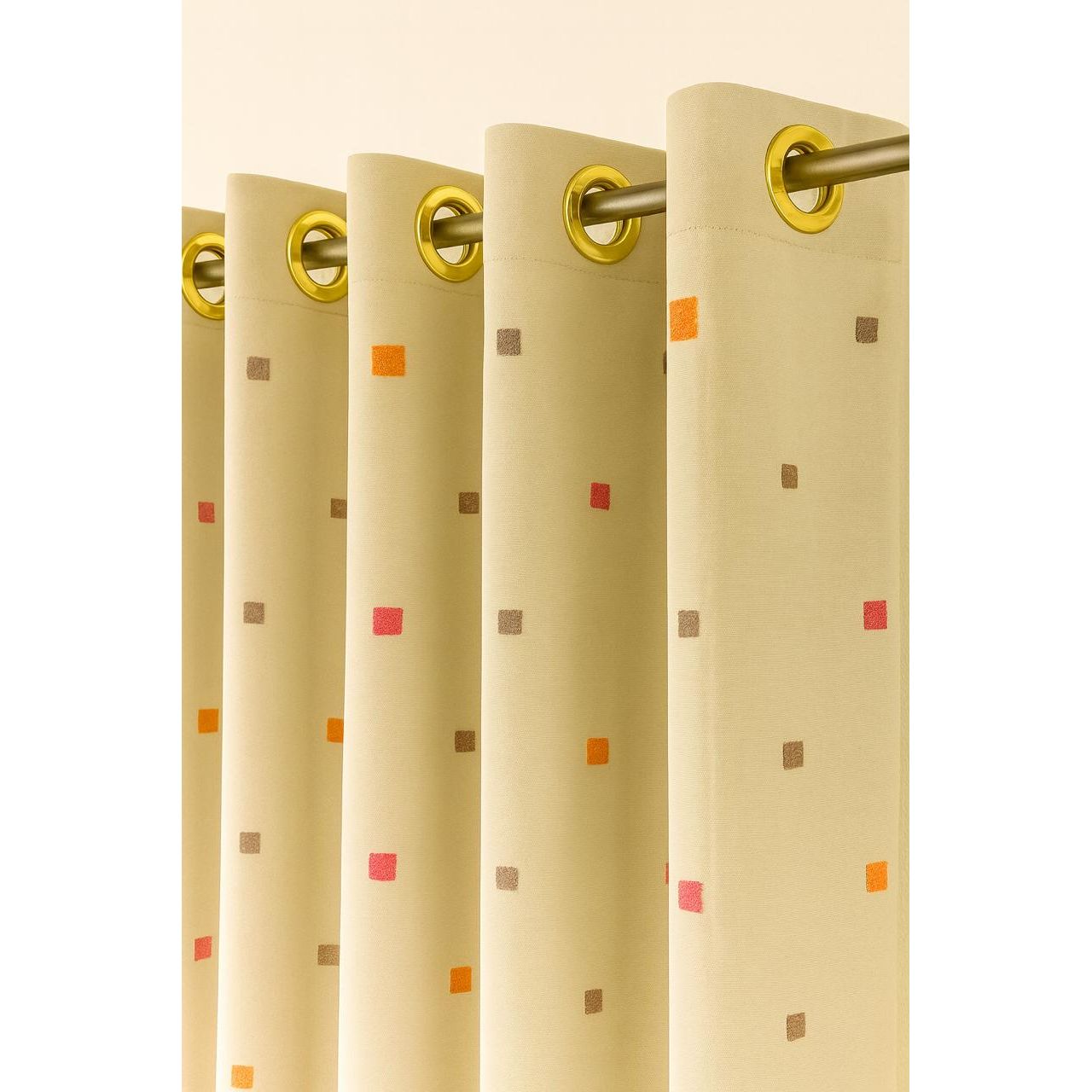 Beige Window Curtain with Colorful Square Pattern – Grommet Top Panel