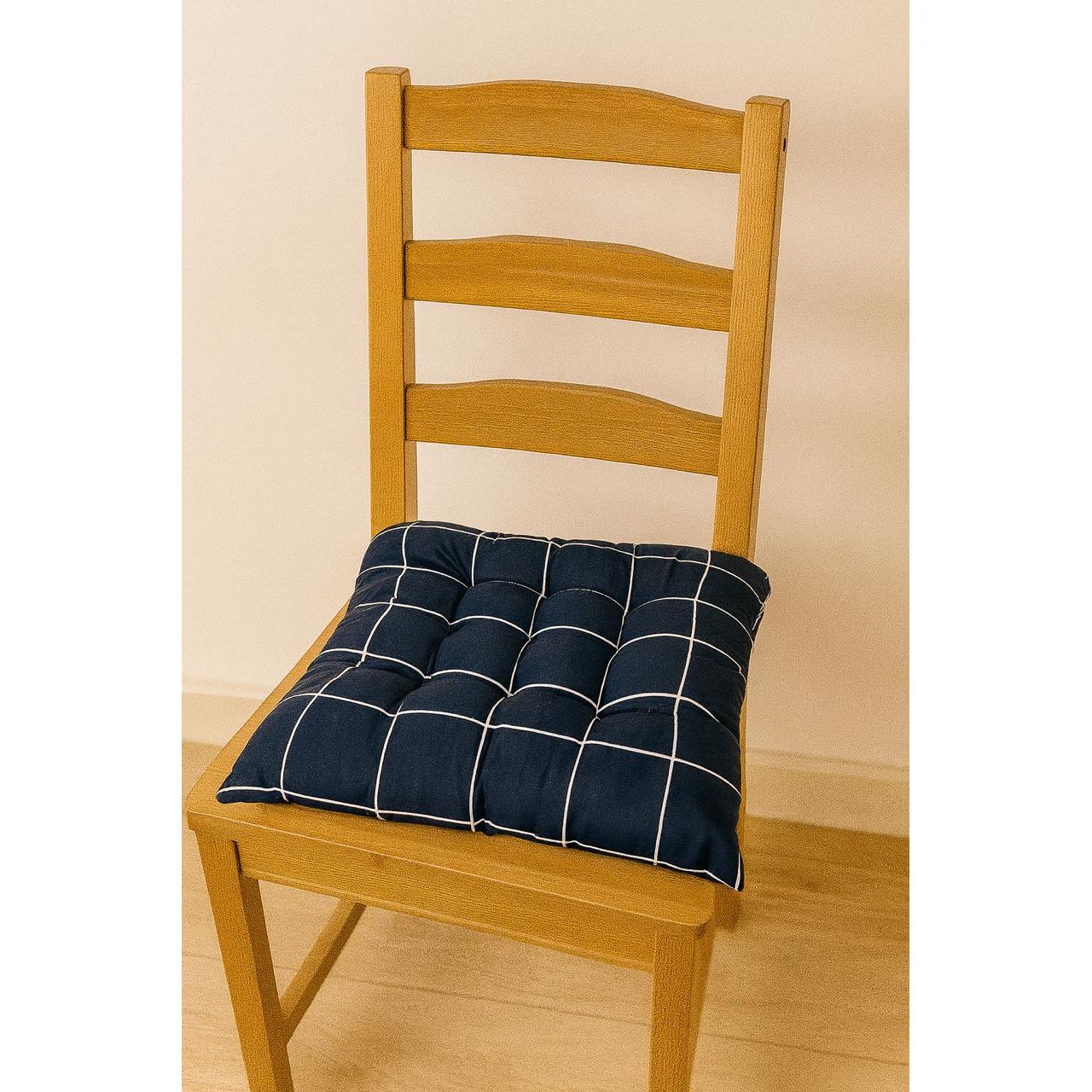 Navy Blue Chair Cushion with White Grid Pattern 35x35cm – Padded Seat Pad