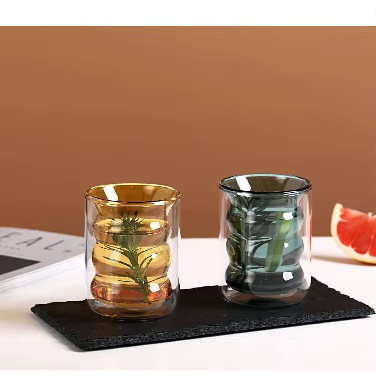 Double Wall Waved Glass Cup - 200ml Dark Green