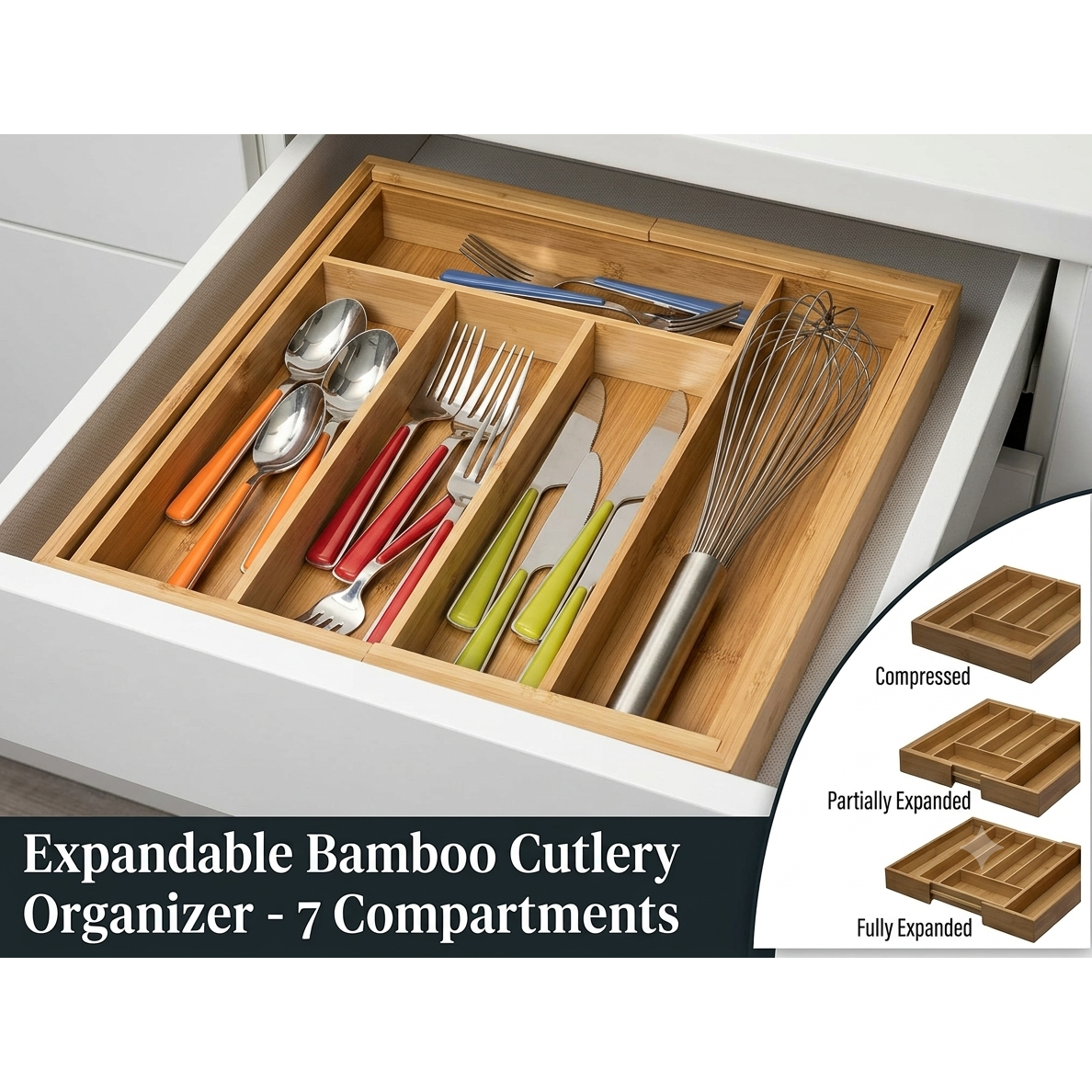 Expandable Bamboo Cutlery Drawer Organizer - 7 Compartments