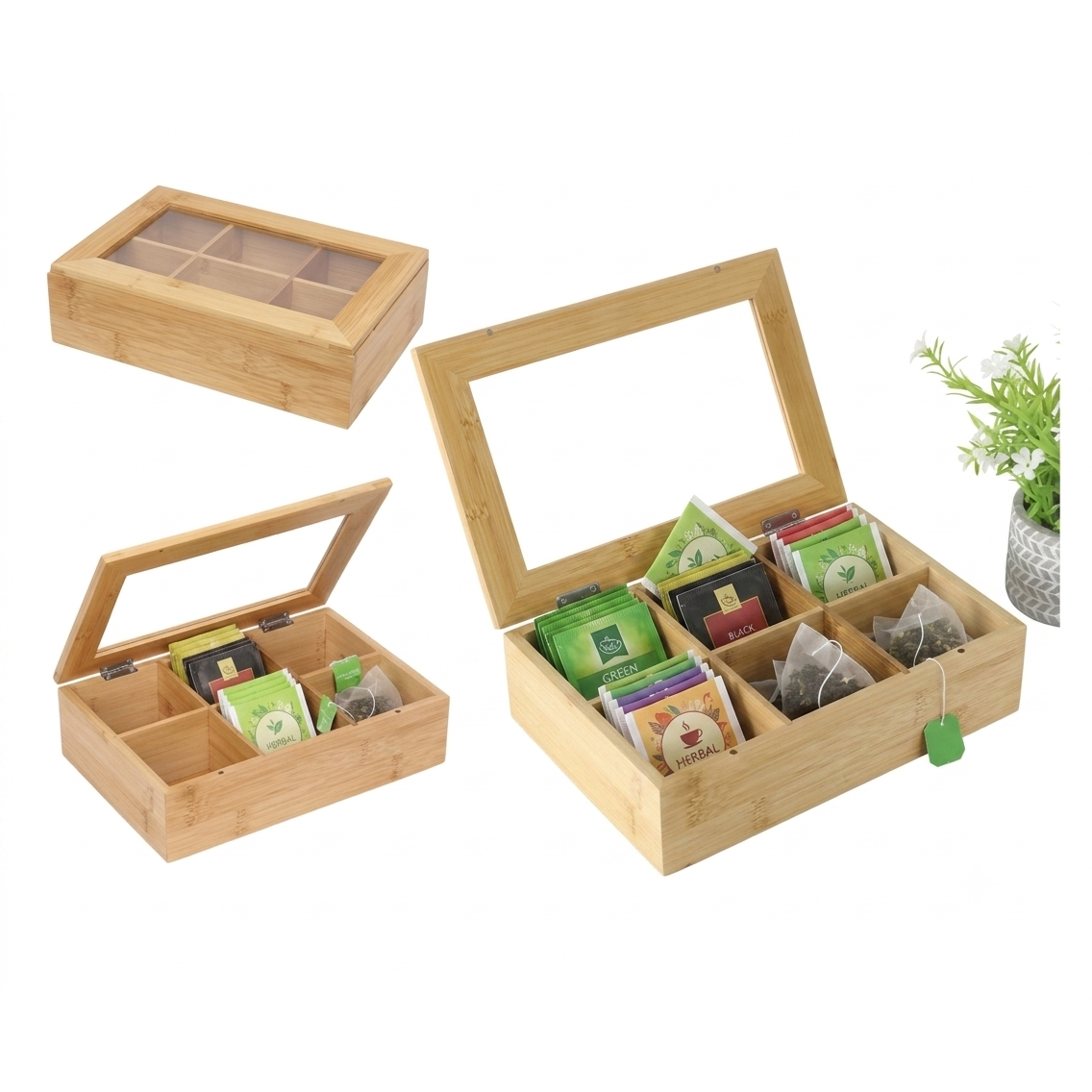 Bamboo Tea Storage Box with Glass Lid Organizer