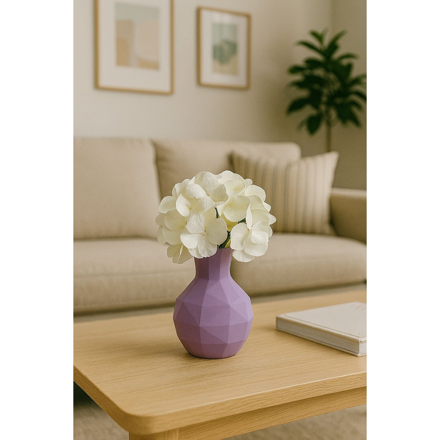 White Hydrangea in Geometric Purple Vase