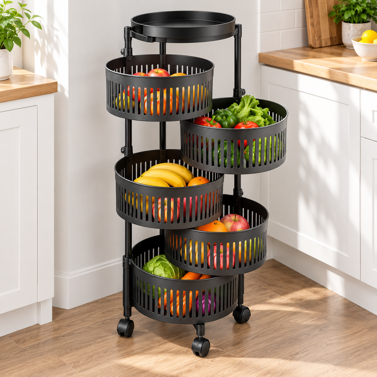 5-Tier Rotating Storage Rack with Wheels – Black