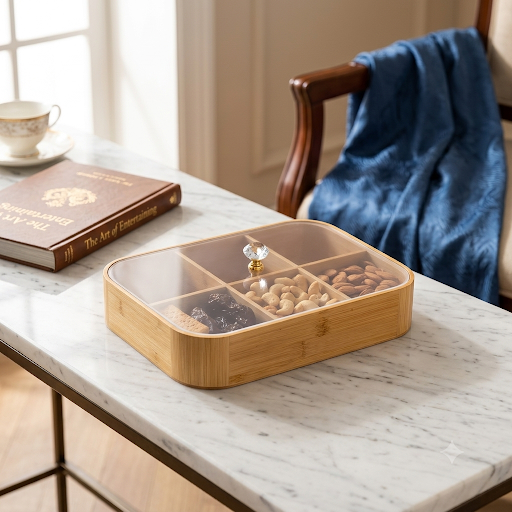 Wooden Serving Tray with Transparent Cover & 6 Compartments 37x27cm