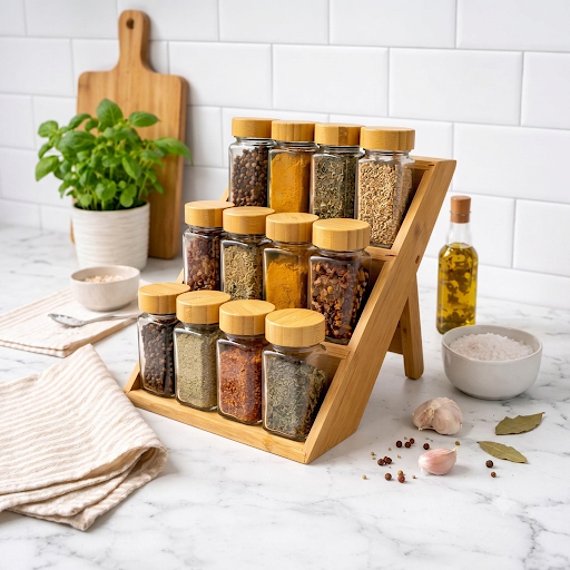 Foldable Wooden Spice Rack Organizer - Drawer & Countertop Use