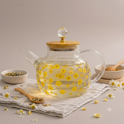 Yellow Floral Glass Teapot with Wooden Lid - 900ml