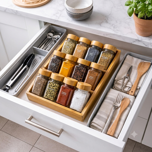 Foldable Wooden Spice Rack Organizer - Drawer & Countertop Use