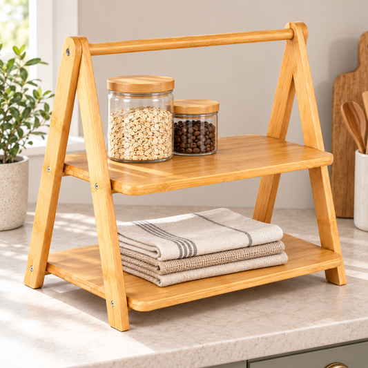 Bamboo 2-Tier Folding Shelf Organizer
