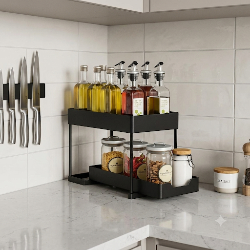 2-Tier Kitchen Counter Organizer Rack - Black Metal Storage Shelf