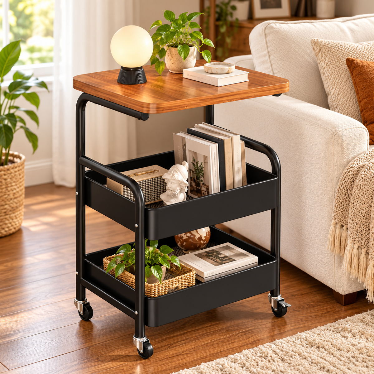Black Rolling Side Table with Wood Top & Storage Shelves