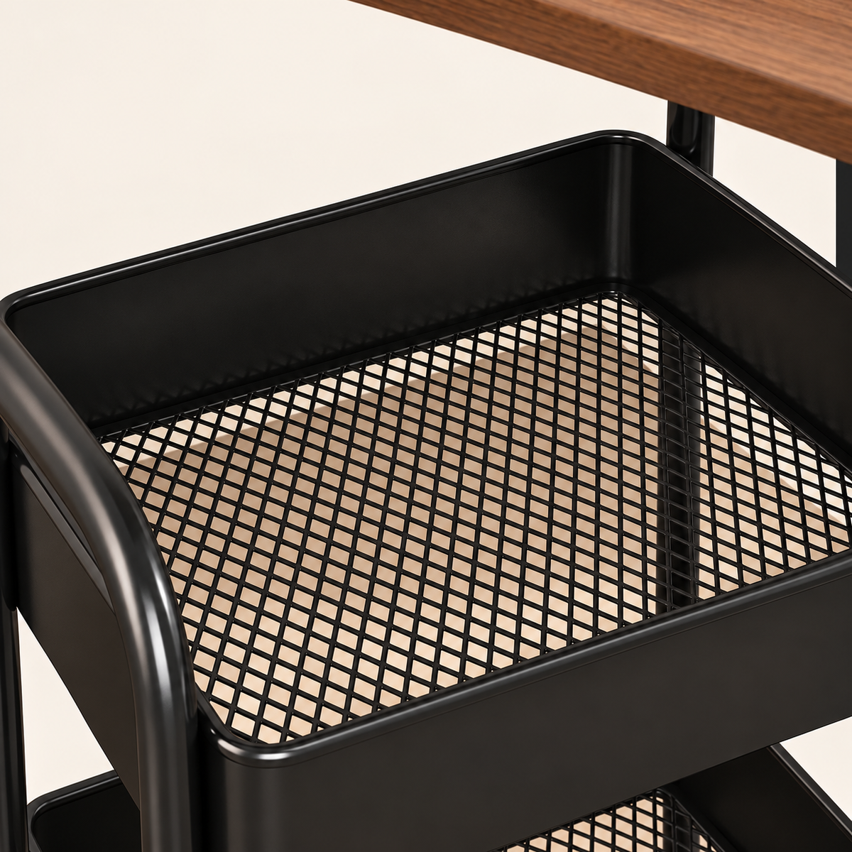 Black Rolling Side Table with Wood Top & Storage Shelves