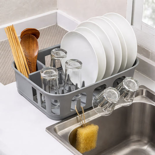 Compact Plastic Dish Drying Rack with Utensil Holder