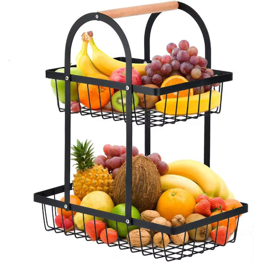 2-Tier Metal Fruit Basket Stand with Wooden Handle