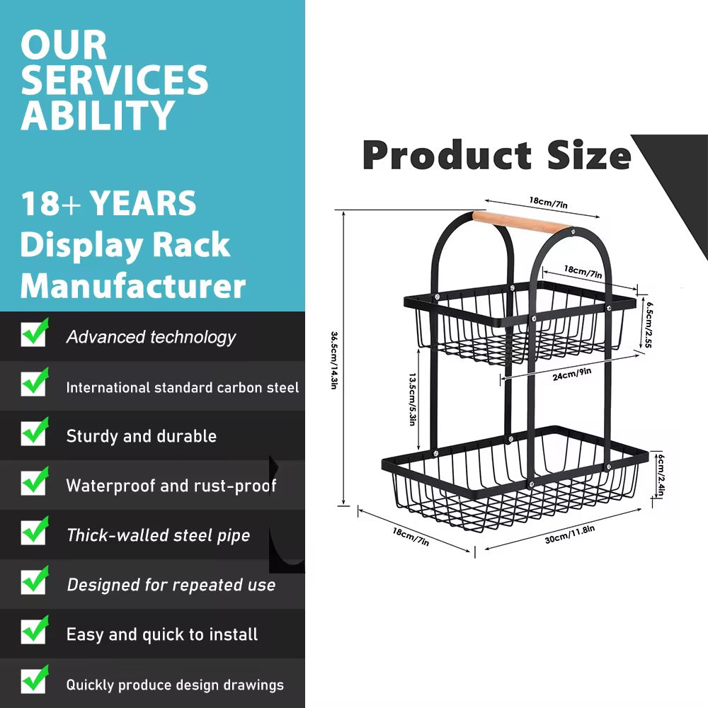 2-Tier Metal Fruit Basket Stand with Wooden Handle