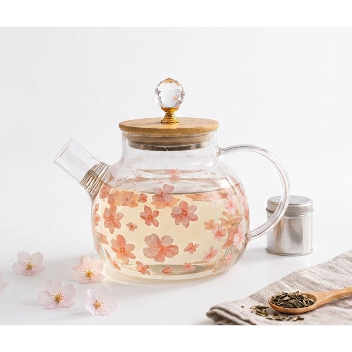 Pink Floral Teapot with Wooden Lid & Side Handle - 900ml