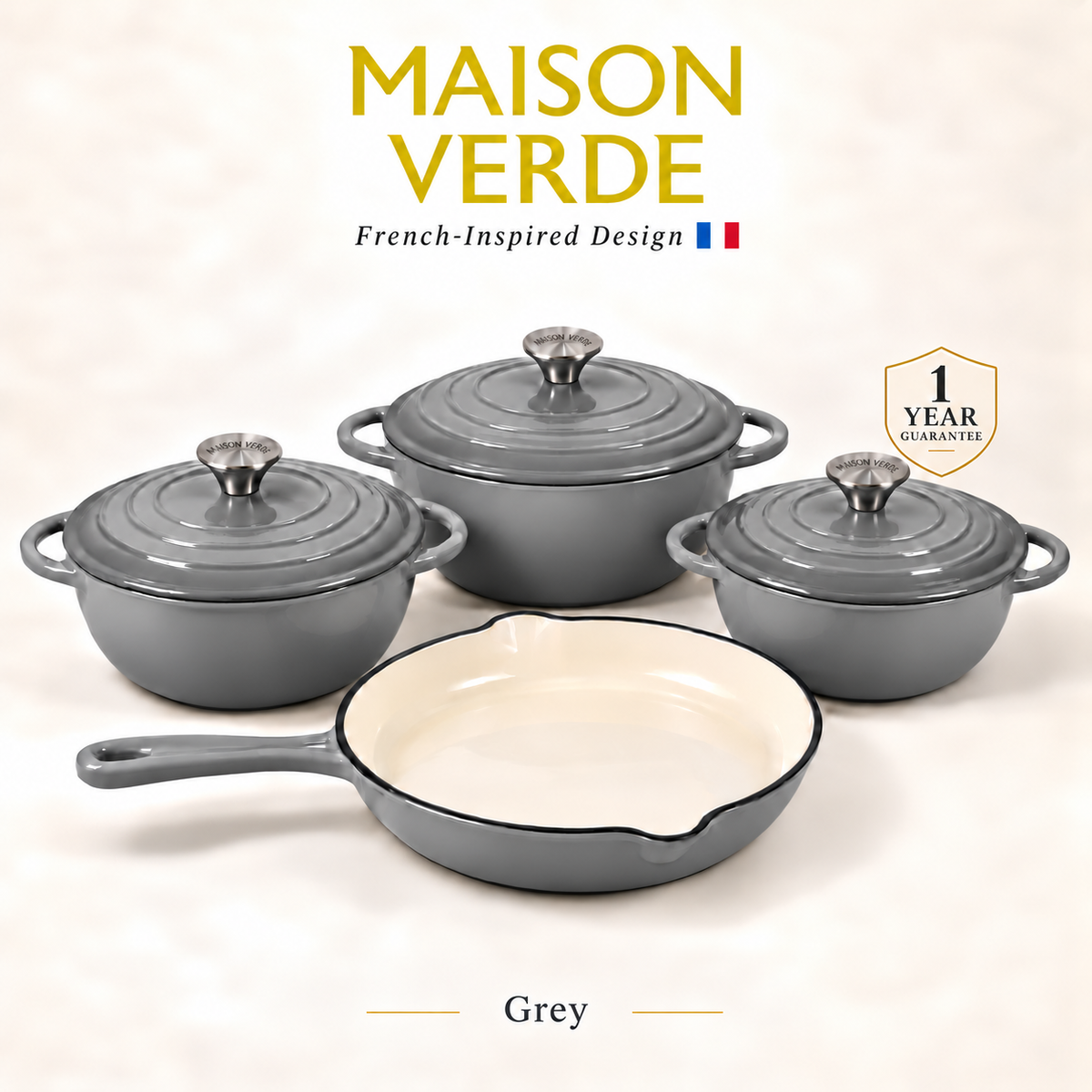 Maison Verde Enamelled Cast Iron Cookware Set – Grey