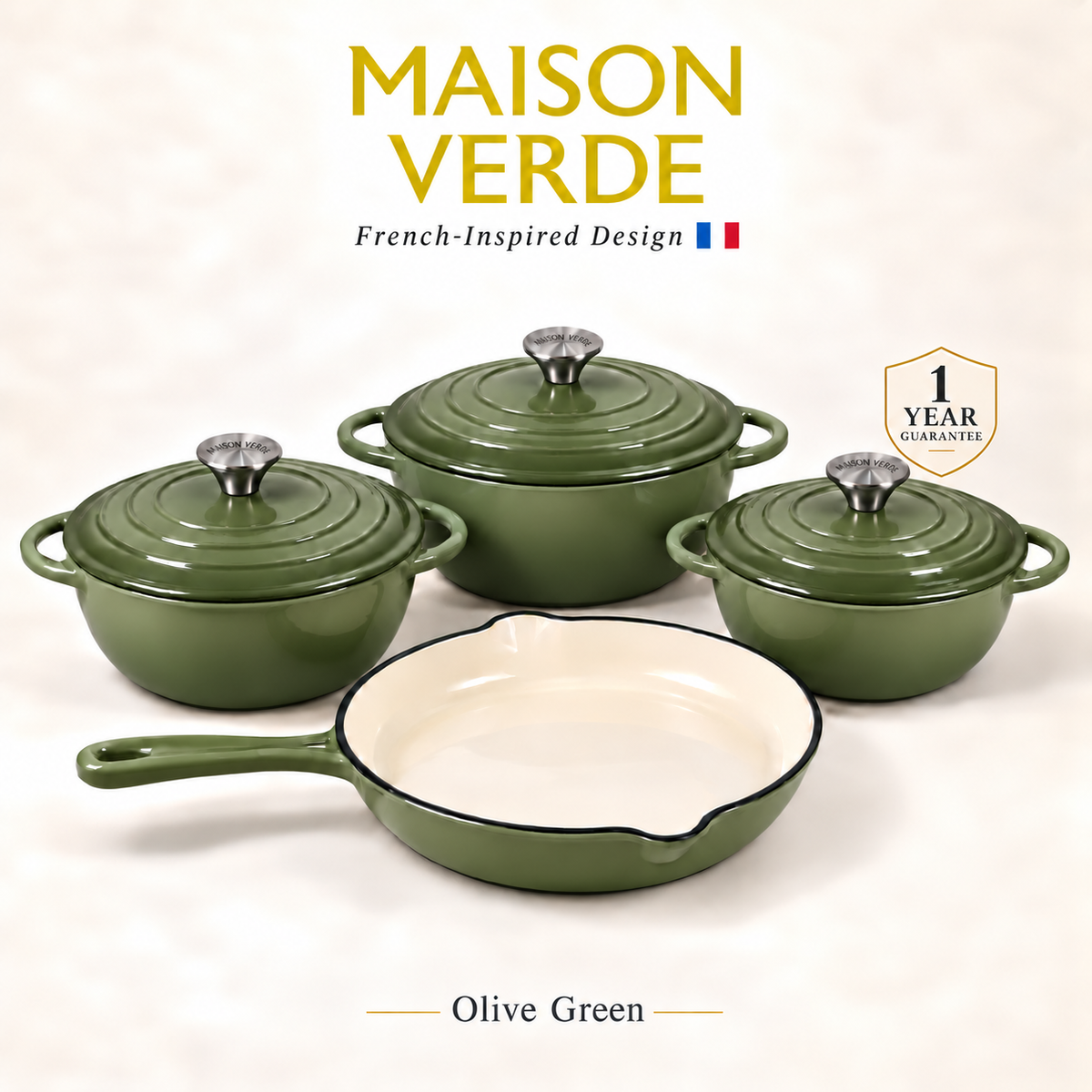 Maison Verde Enamelled Cast Iron Cookware Set – Olive Green