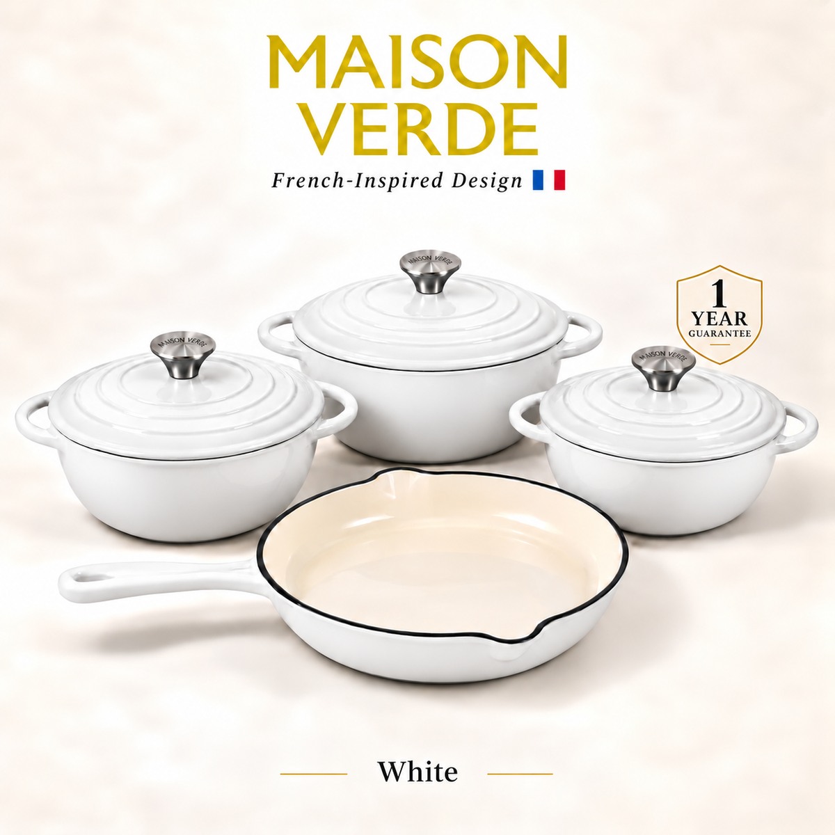 Maison Verde Enamelled Cast Iron Cookware Set – White