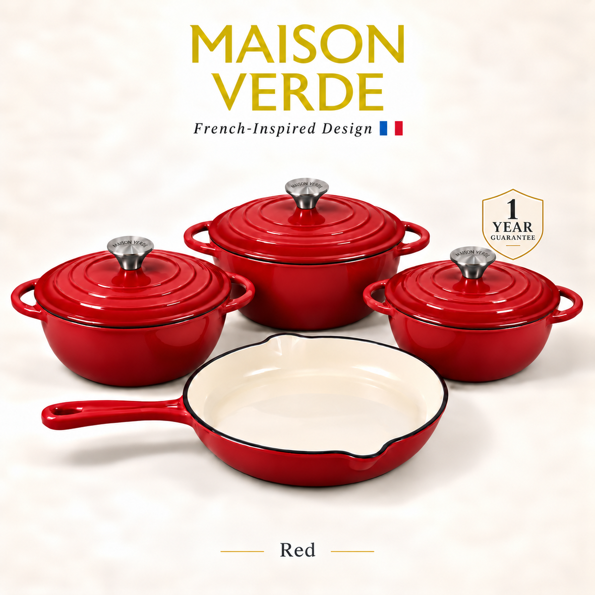 Maison Verde Enamelled Cast Iron Cookware Set – Red