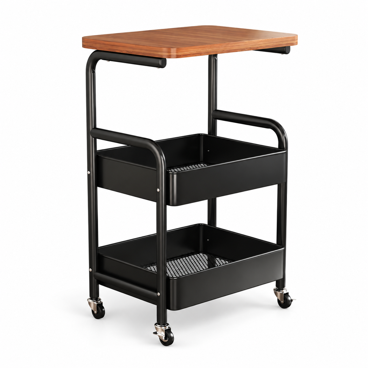 Black Rolling Side Table with Wood Top & Storage Shelves