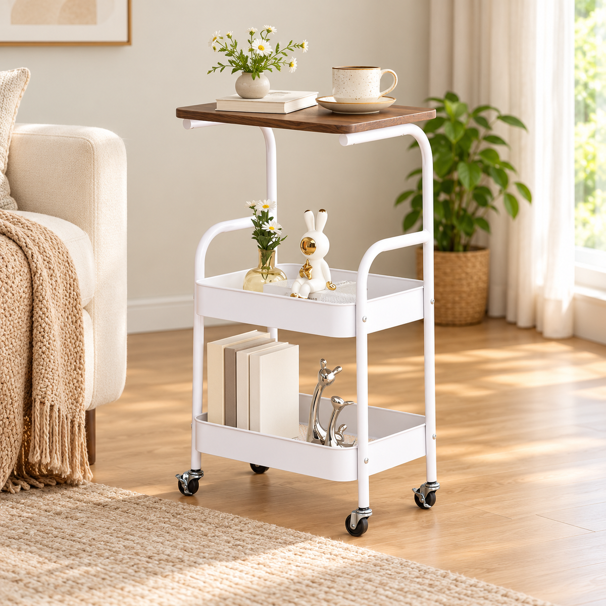 White Rolling Side Table with Wood Top & Storage Shelves