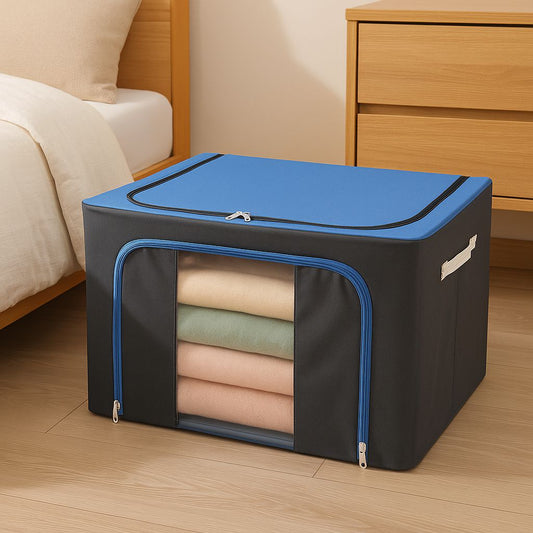 66L Foldable Blue Storage Box with Zipper & Handles