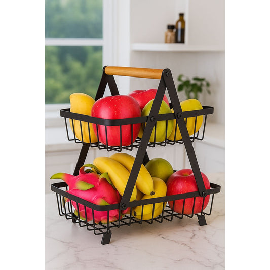 2-Tier Metal Fruit Basket with Wooden Handle