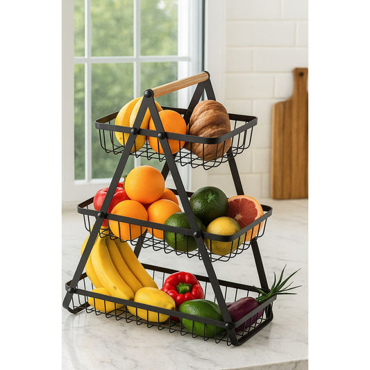 3-Tier Metal Fruit & Bread Basket with Wooden Handle