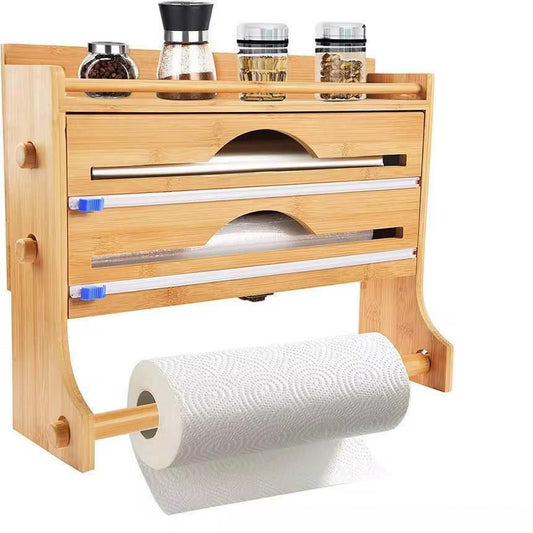 Bamboo Kitchen Organizer with Paper Towel Holder & Wrap Dispensers