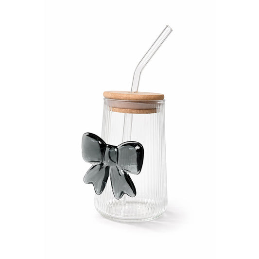 Ribbed Glass Cup with Grey Bow & Straw - 400ml