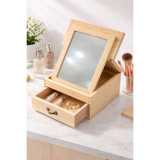 Wooden Makeup Organizer with Mirror & Drawer