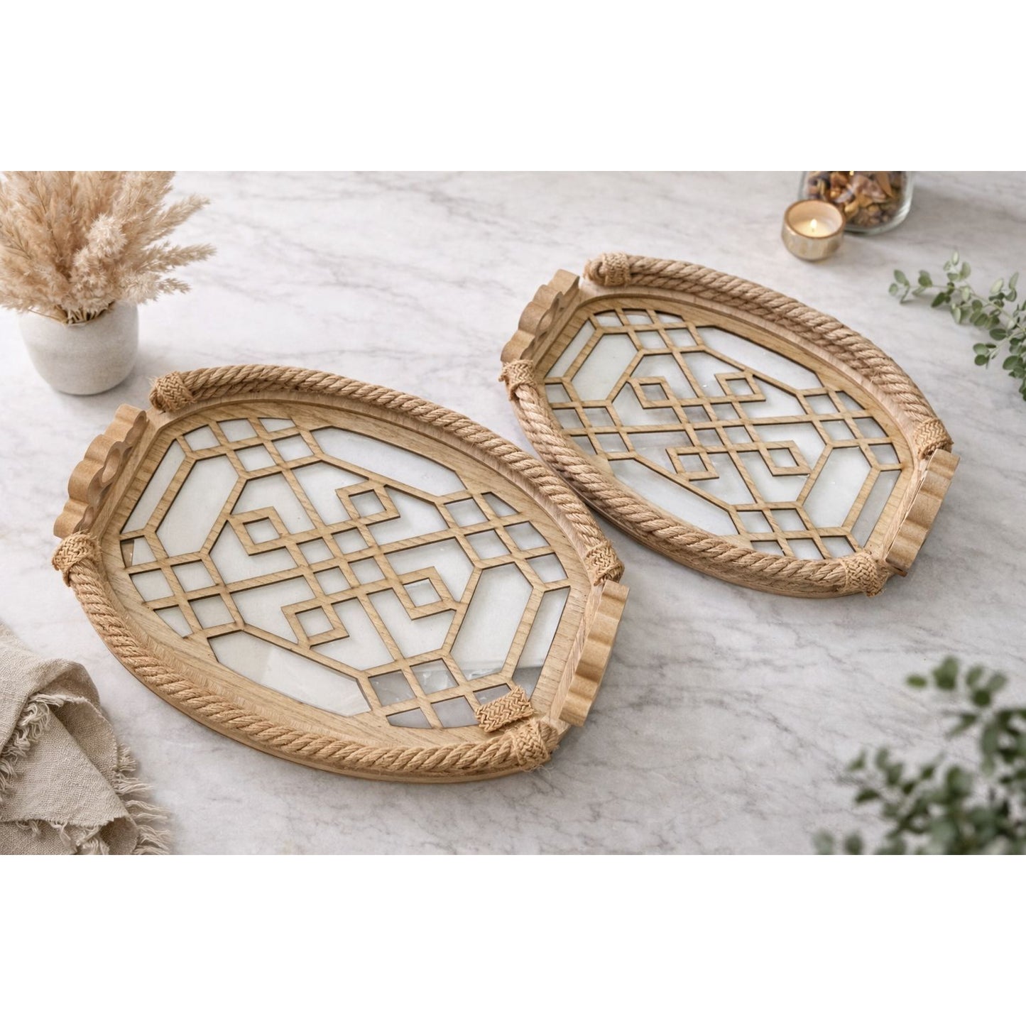 Boho Wooden Serving Trays - Set of 2 pcs