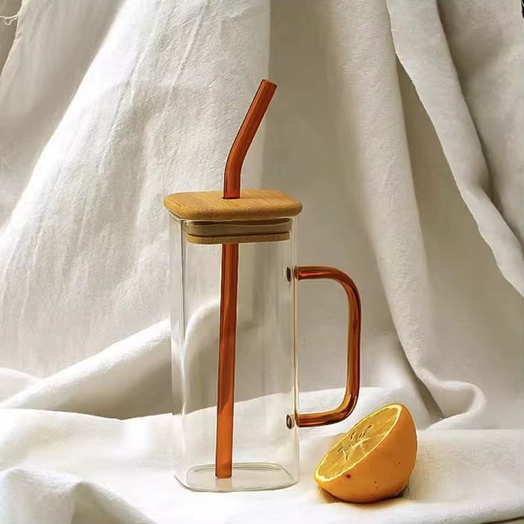 Glass Mug with Wooden Lid & Straw 400ml - Amber Color