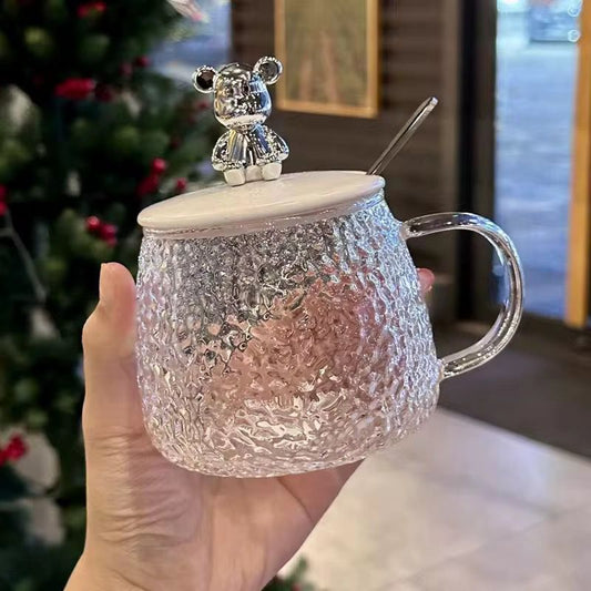 Textured Glass Mug with Bear Lid & Spoon