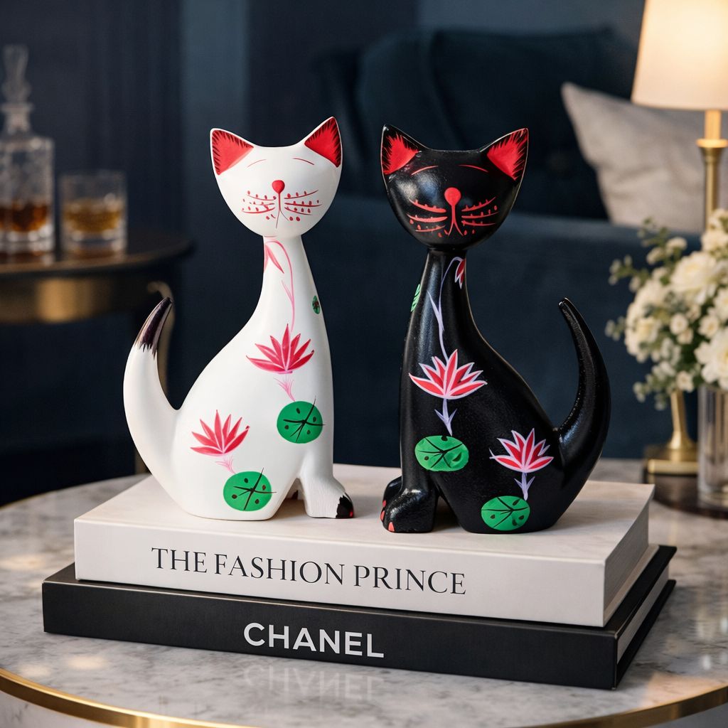 Decorative Hand Painted Cat Figures - Set of 2