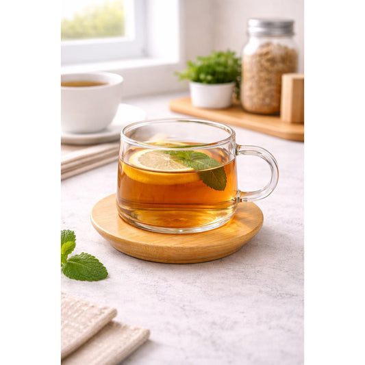 Glass Tea Cup with Wooden Saucer - 250ml
